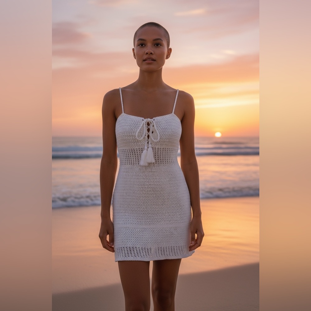 MIOU MUSE | Chic White Crochet Dress Beach Coverup Vacation Size Small Women
